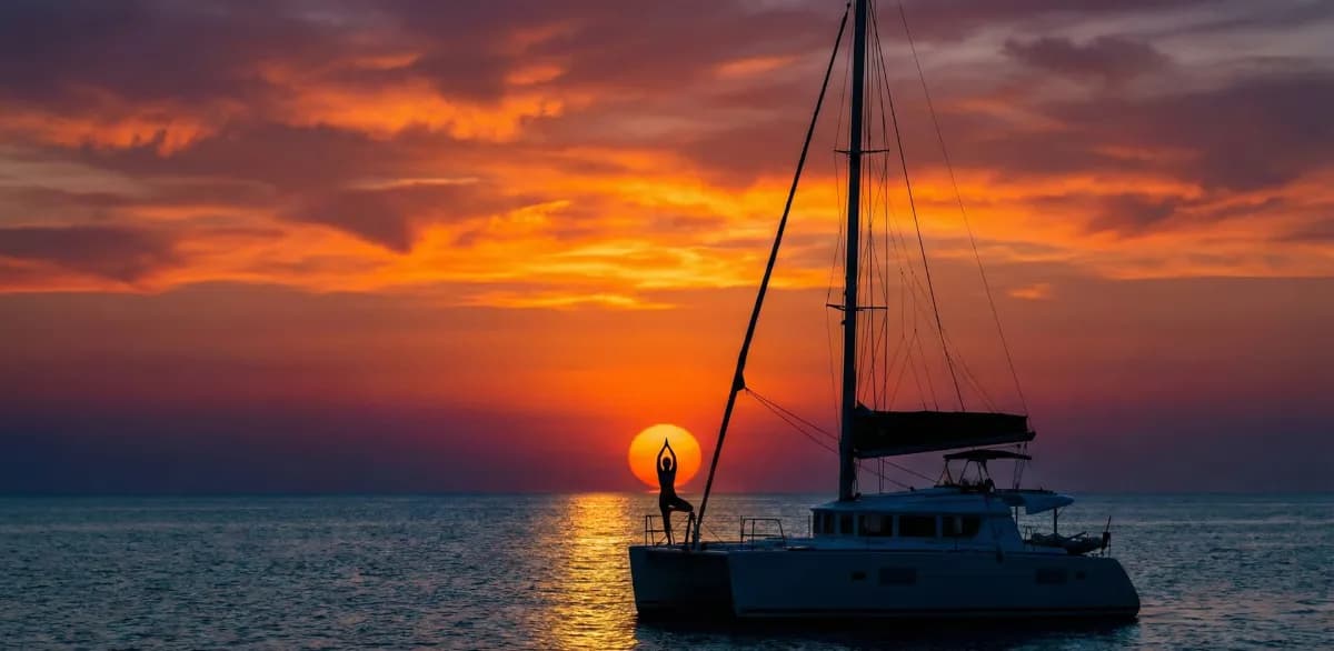 يوجا الغروب البحث عن التوازن على قارب كاتاماران